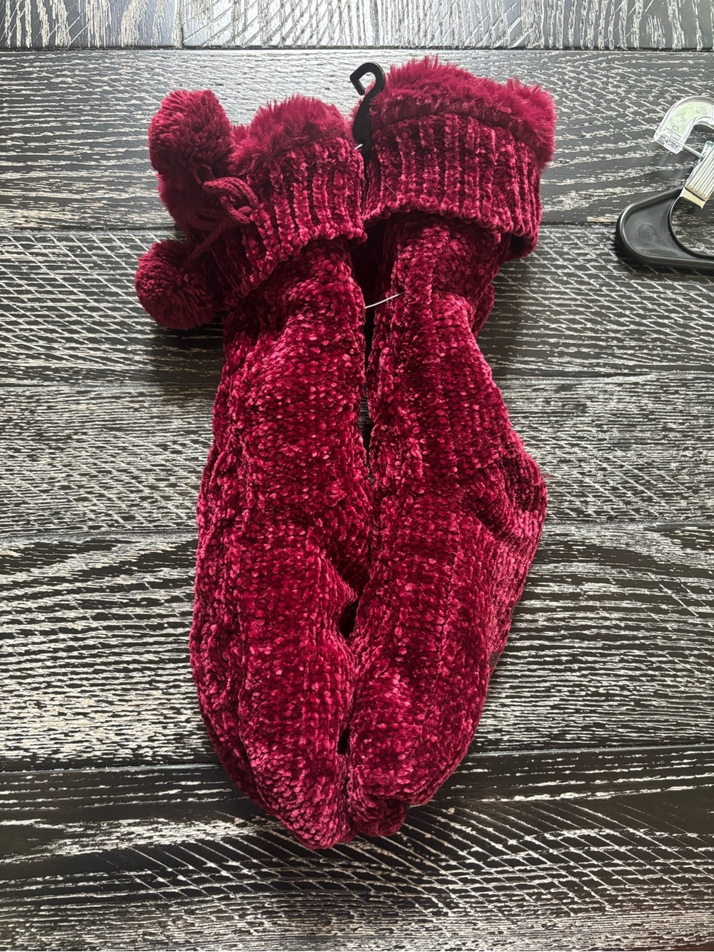 Jane and Bleecker Plush Pom Pom Chenille Socks in Deep Wine Red